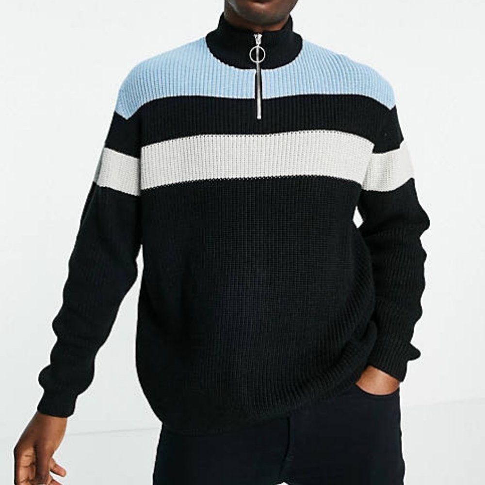 ASOS Knitted Ribbed Half Zip Sweater with Color Block Chests